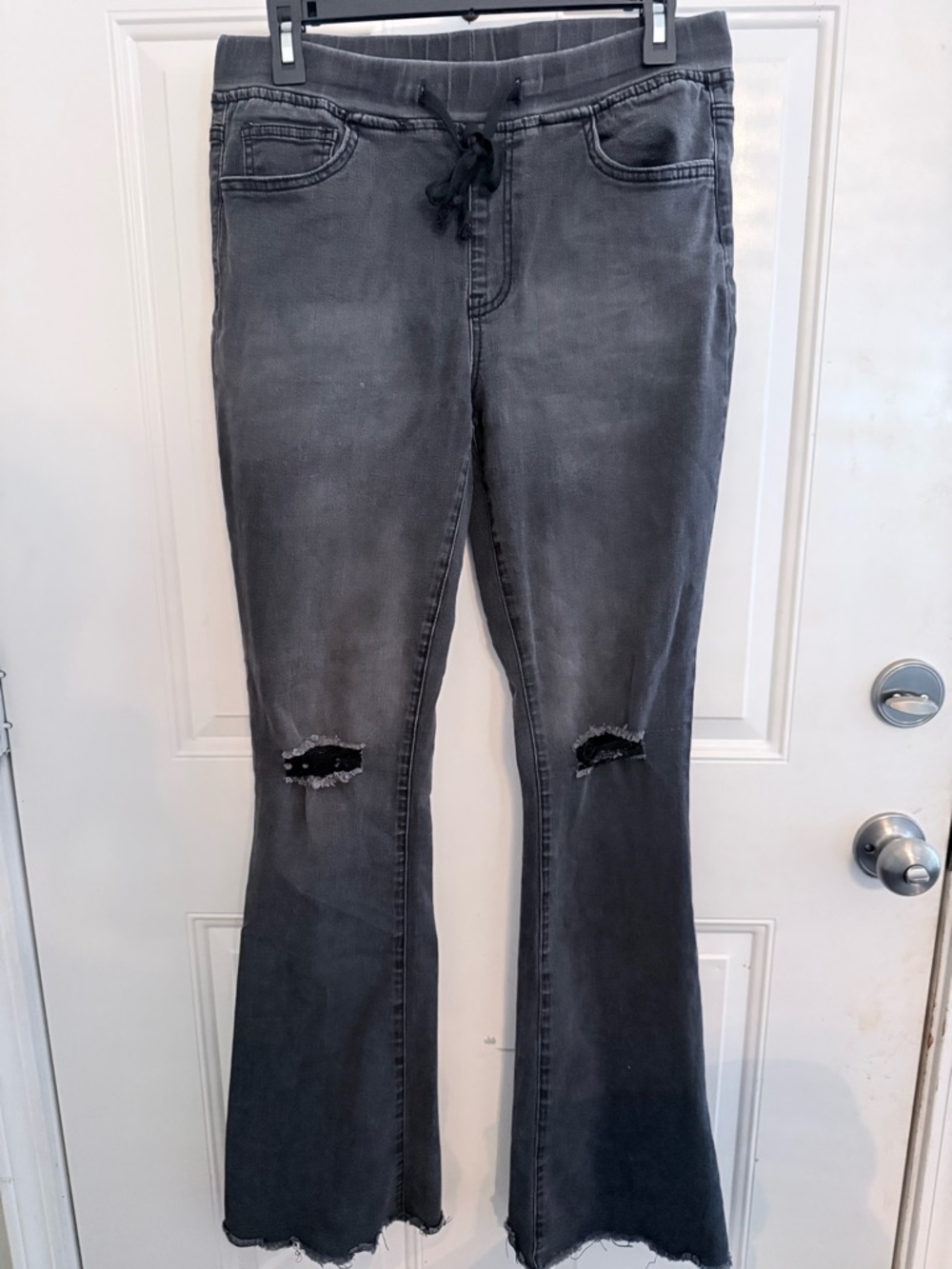 YMI Gray Distressed Flare Jeans with Drawstring Waist